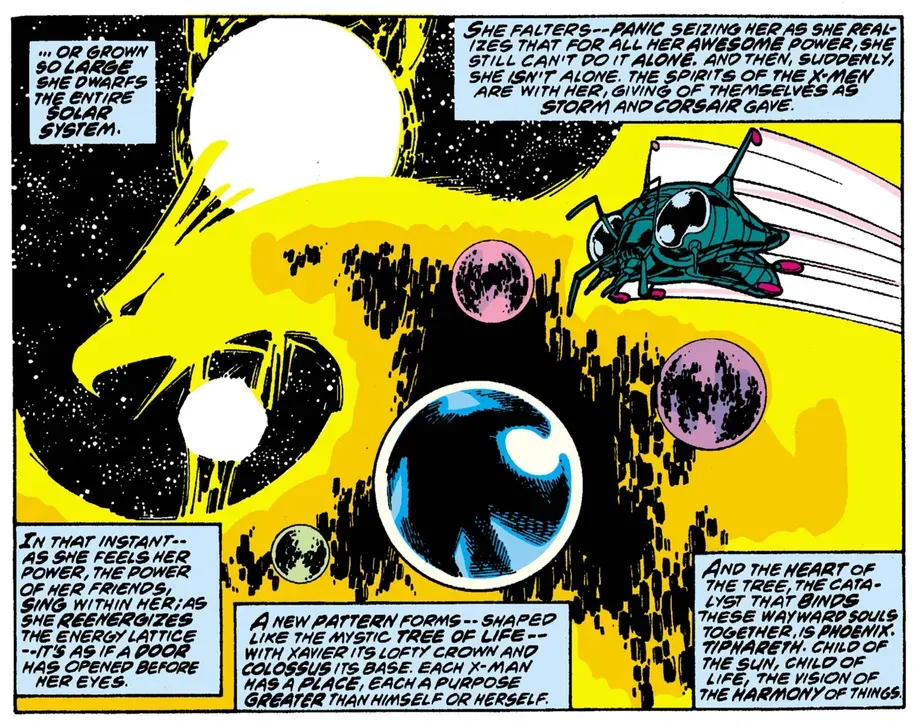 A panel of Phoenix doing a big cosmic thing, as a Claremont caption identifies her strongly with Tipharet, one of the Sephiroth of the Tree Of Life in Kabbalah.