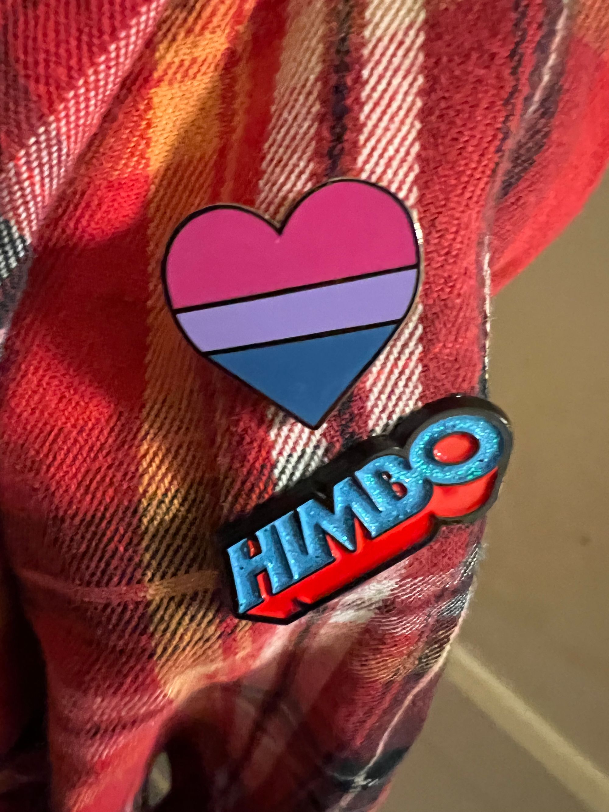 My plaid shirt with a Bisexual Heart badge and one of Joe Glass's "Himbo" badges.