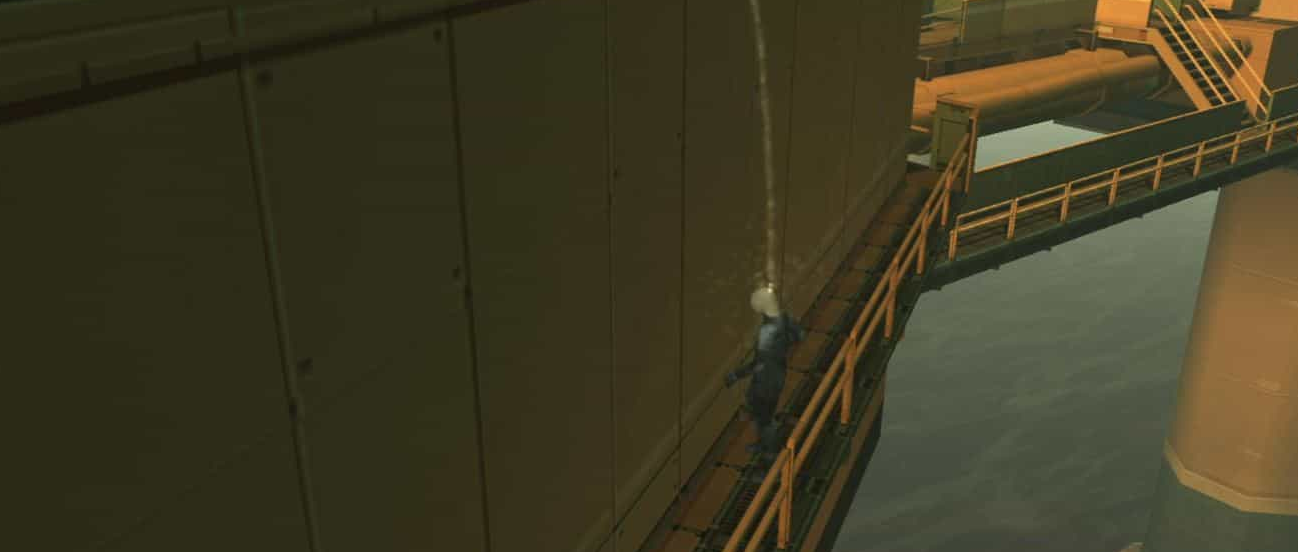 A scene from Metal Gear Solid 2 where someone goes to the toilet on the player.