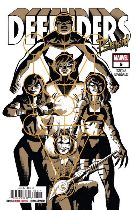 The full cover of DEFENDERS BEYOND #5, showing the team, in white and gold, mapped onto the Tree Of Life in Kabbalah. Art by Javier Rodriguez.