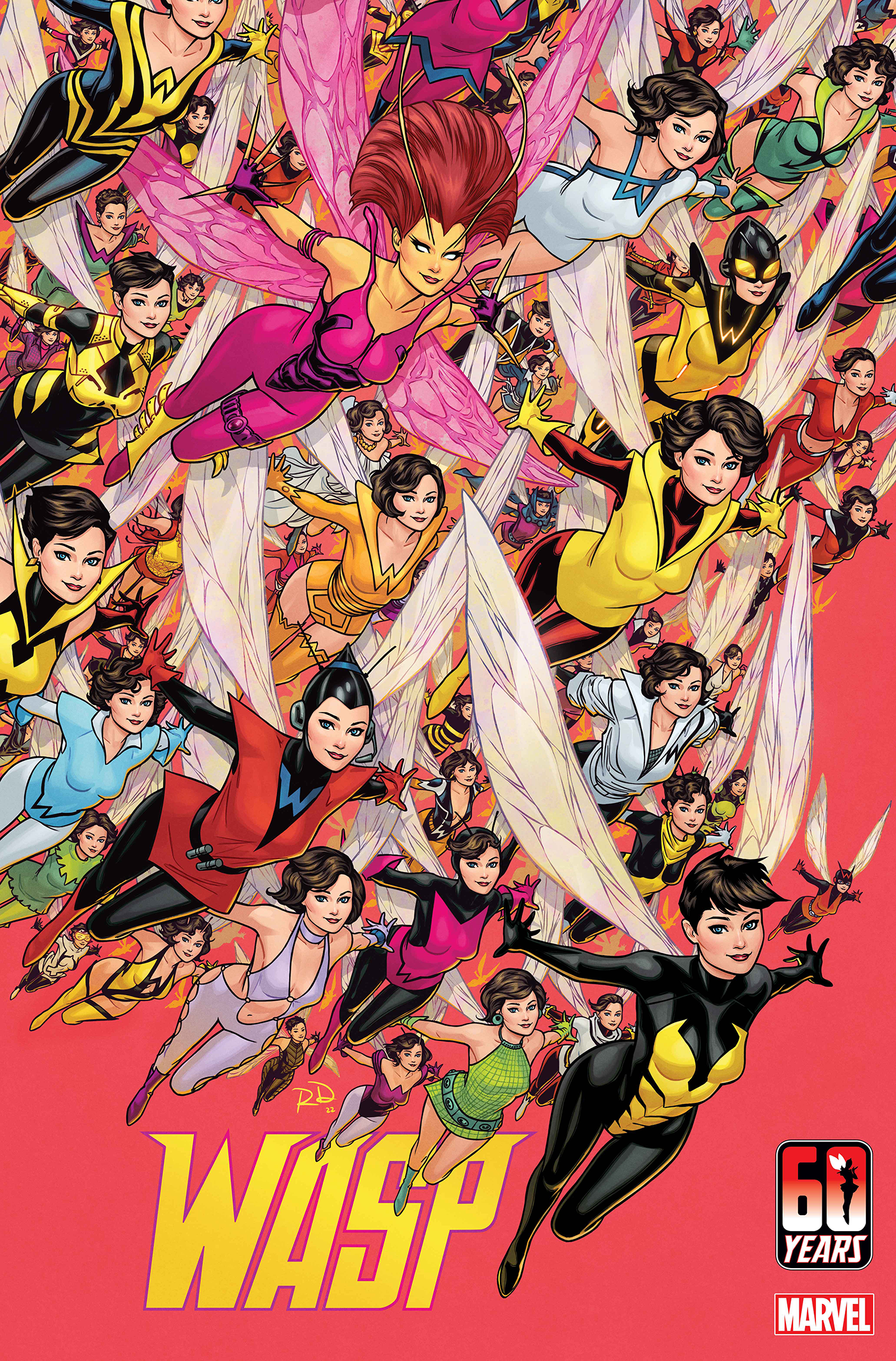 The variant cover for WASP #1, featuring every costume the Wasp has ever worn, or nearly.