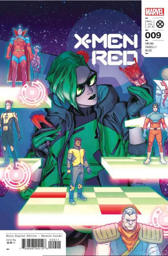 The cover to X-MEN RED #9, showing Abigail Brand playing space chess with figures of the cast, and snapping the Storm figure in two.