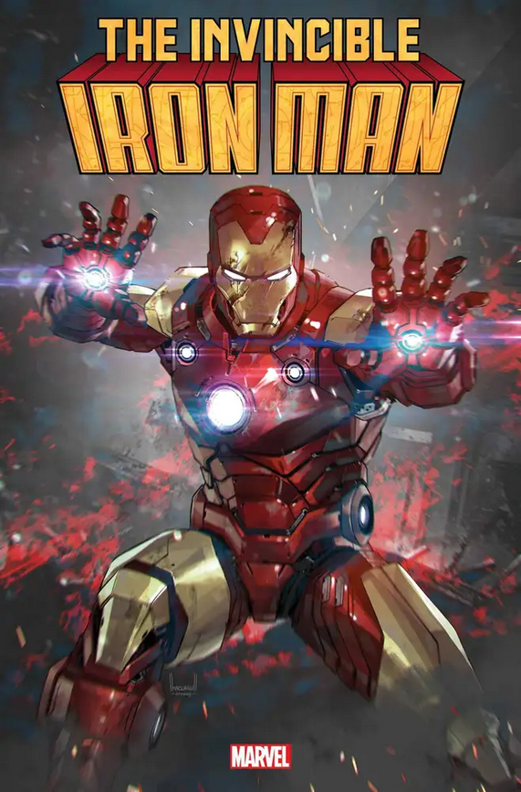 The main cover of INVINCIBLE IRON MAN #1, showing Iron Man ready for battle.