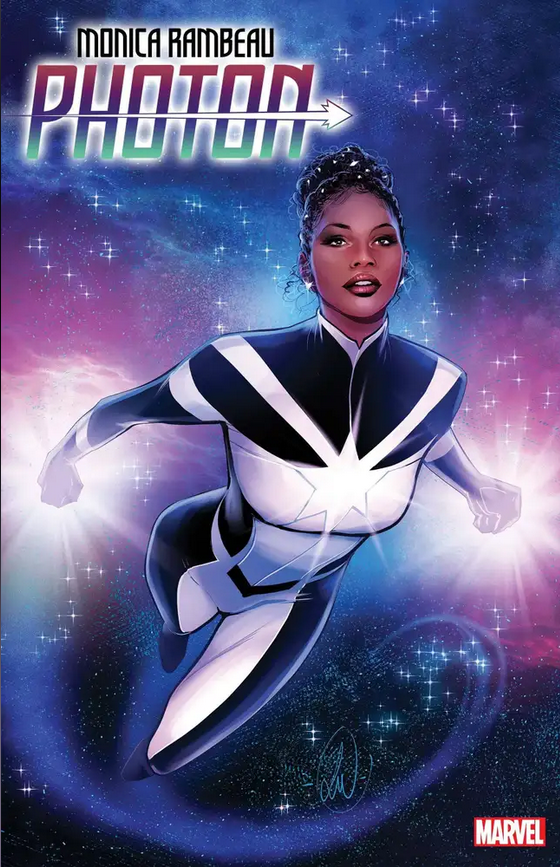The main cover to Monica Rambeau: Photon #1, showing Monica flying through space in a cool new costume.