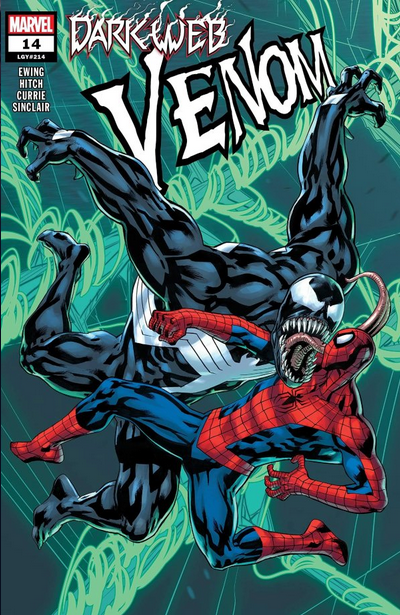 The cover for VENOM #14, by Bryan Hitch, showing an old-school Venom fighting Spider-Man against the green web background running across all DARK WEB titles.