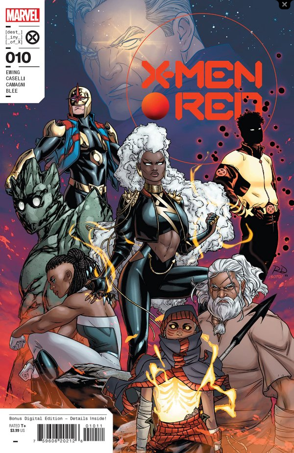 The cover for X-MEN RED #10, by Russell Dauterman, featuring Storm, Sunspot, Nova, Wrongslide, Frenzy, Khore, the Fisher King and the ghostly head of Cable, in homage to issue #1.