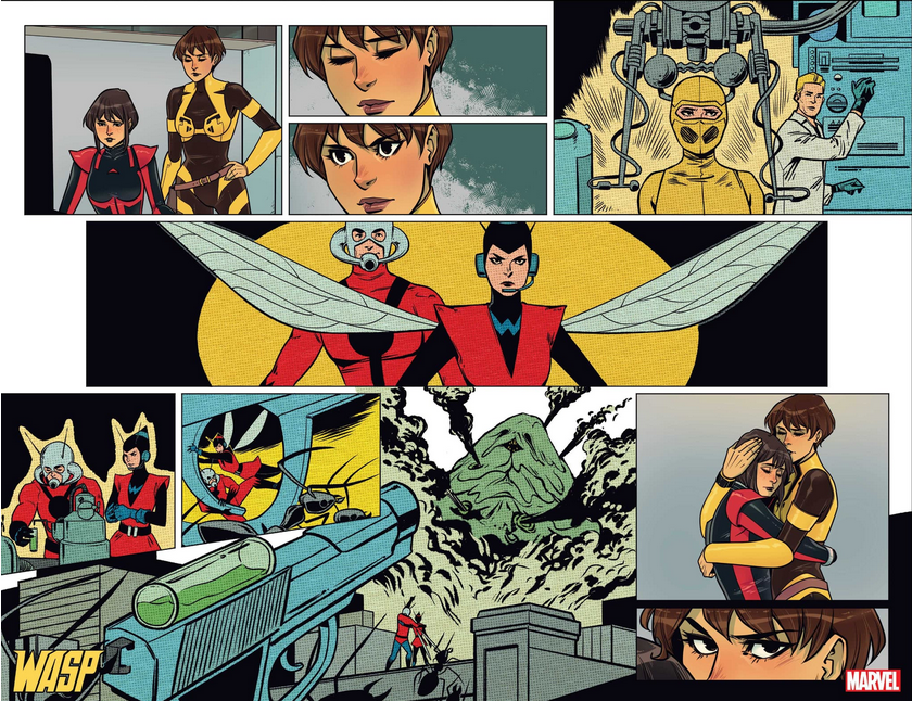 A double spread from WASP #1, unlettered, showing a flashback to Jan's origin story.