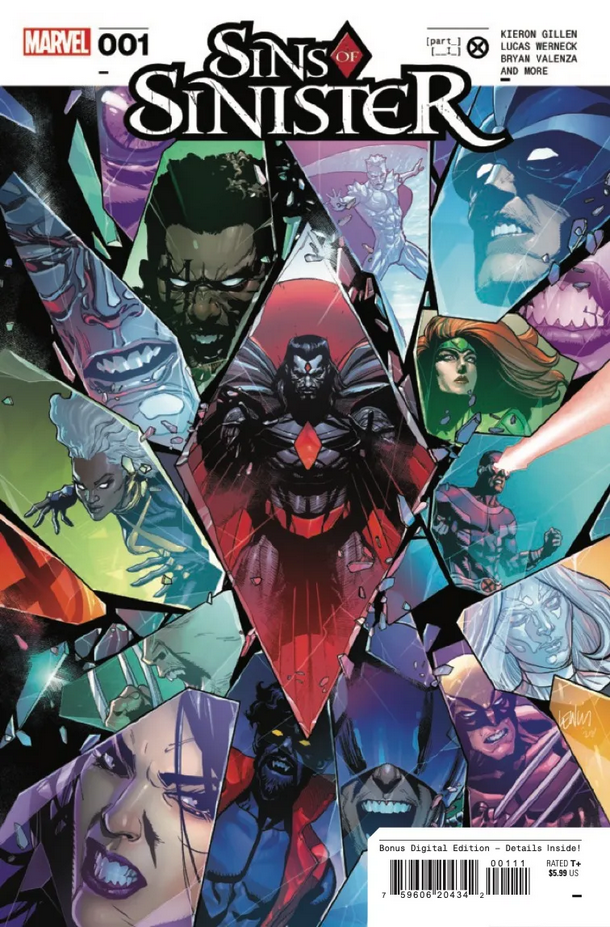 The cover to SINS OF SINISTER #1 by Leinil Yu, depicting Mr Sinister at the center of a fracturing montage of X-people.