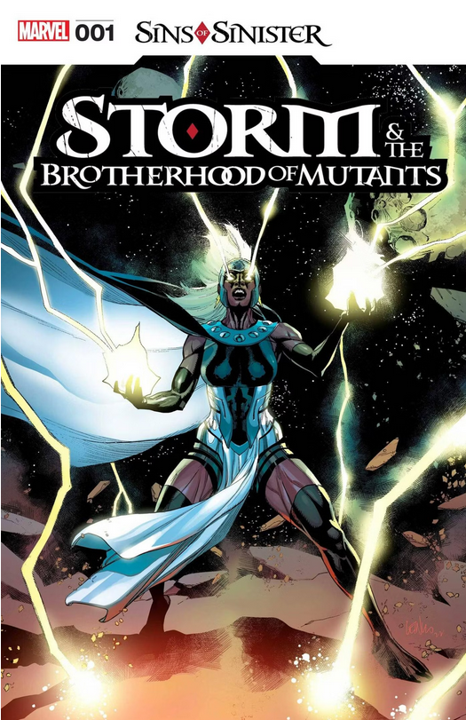 STORM & THE BROTHERHOOD #1 cover by Leinil Yu, showing Storm in Magneto-esque costume summing lightning on an asteroid.