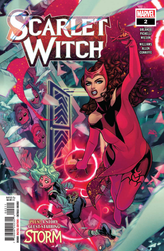 The cover for SCARLET WITCH #1 by Russell Dauterman, featuring Wanda smashing through a glass barrier of some kind while escorting Viv Vision.