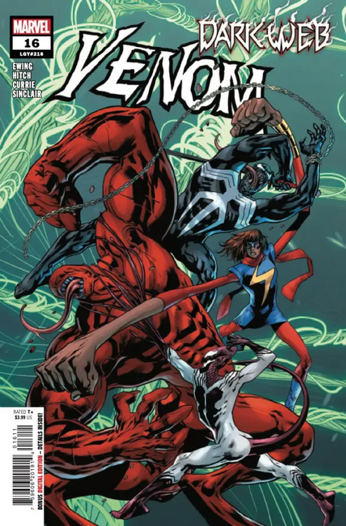 Cover to Venom #16 by Bryan Hitch, showing Bedlam under attack by Venom, Ms. Marvel and Red Goblin