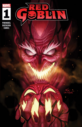 The cover to RED GOBLIN #1, by In-Hyuk Lee, showing Red Goblin holding a pumpkin.
