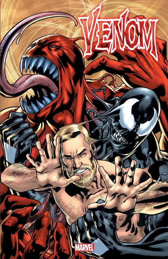 The cover to VENOM #17, by Bryan Hitch, showing Eddie, Venom and Bedlam melting into each other.