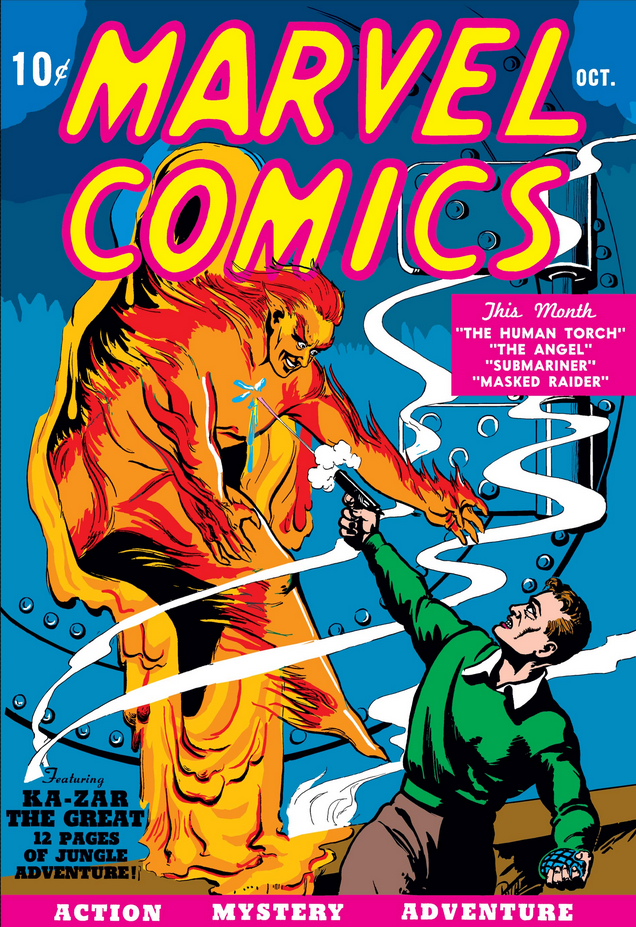 The cover to Marvel Comics #1, showing the Human Torch melting out of a bank vault.