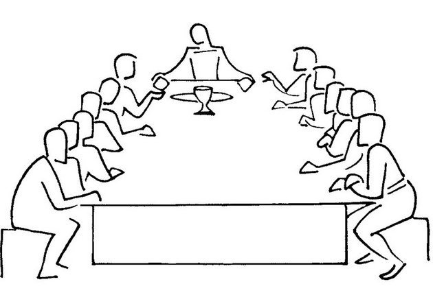 An illustration of the Last Supper by Annie Vallotton - the figures are sparse and faceless.