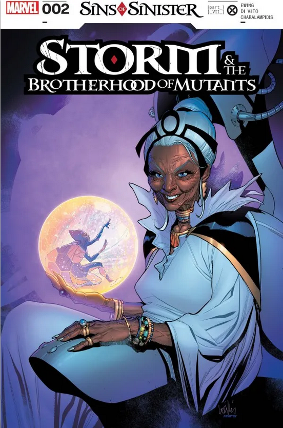 The cover for Storm & The Brotherhood #2, by Leinil Yu, showing an ancient Storm smiling for the camera while holding a shrunken Destiny captive in a force field shaped like Orbis Stellaris..