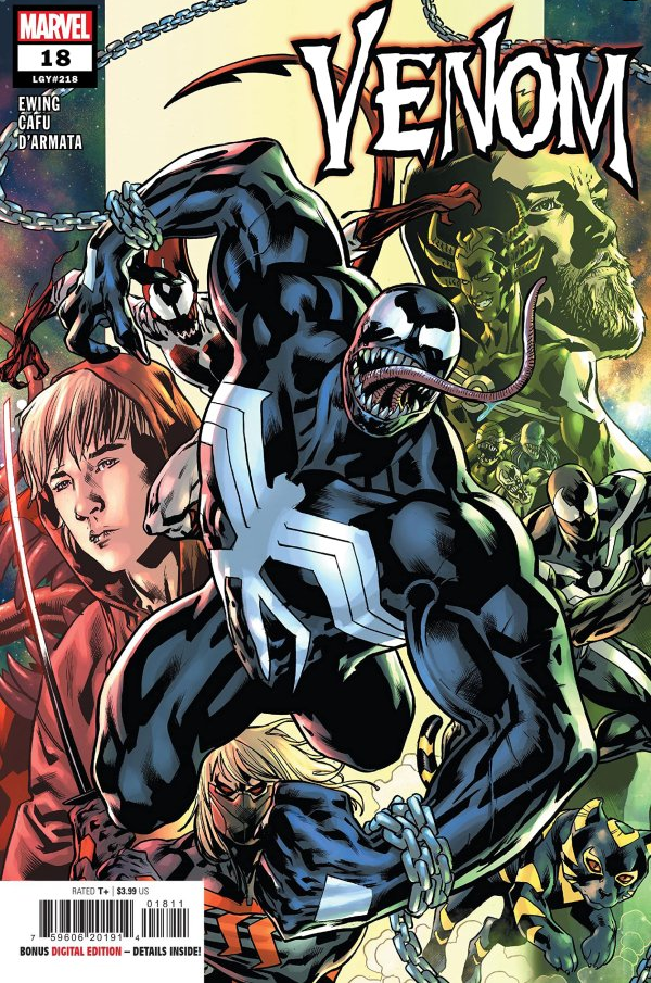 The cover for VENOM #18 by Bryan Hitch, showing Dylan Brock, Eddie Brock, two versions of Venom, Red Goblin and Sleeper.