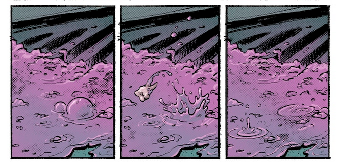 A sequence from THE BERG, showing some bubbling pink sewer discharge spitting out a tooth.