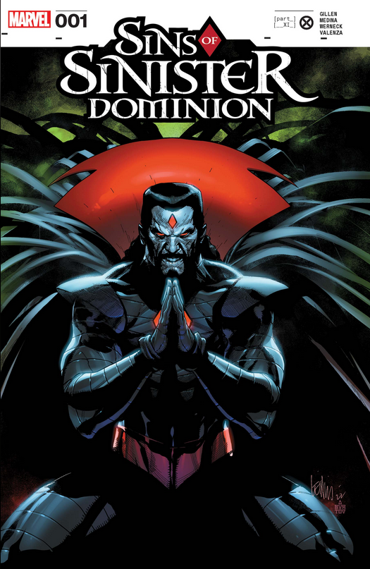 The cover of SINS OF SINISTER: DOMINION, by Leinil Yu, showing Mr. Sinister at prayer.
