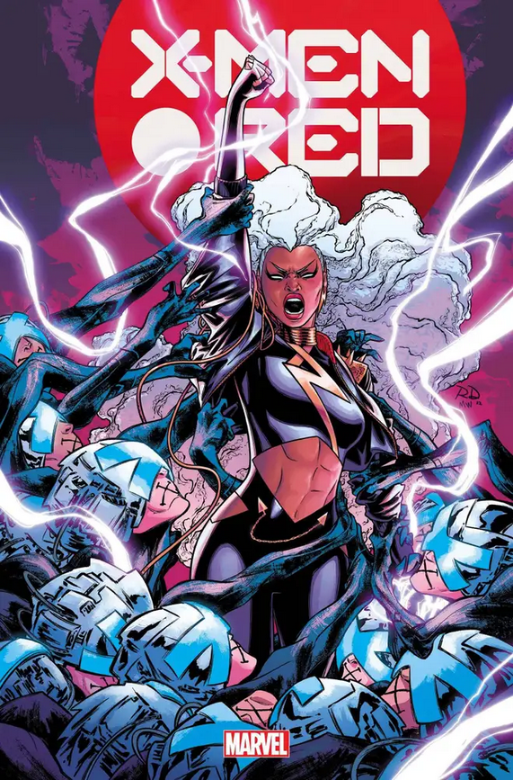 The cover for X-MEN RED #11, by Russell Dauterman, showing Storm in mental battle with a horde of Xaviers.
