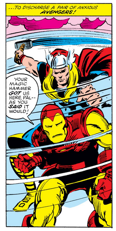 A panel of Thor arriving via hammer whirlwind, bringing Iron Man with him.