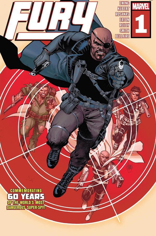 The cover for FURY #1, showing Nick Fury & Son through the years, with art by Adam Kubert.