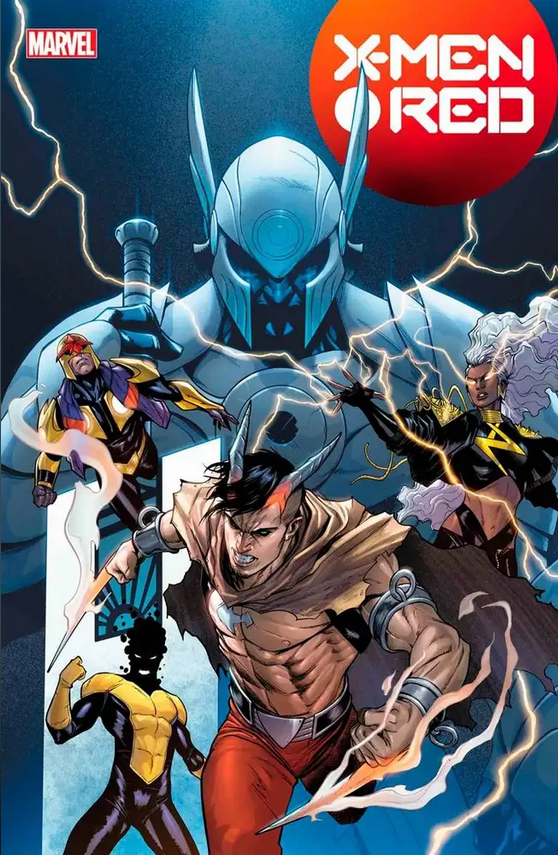 The cover of X-Men Red #12, by Stefano Caselli, featuring a selection of X-Men Red flanking John Ironfire, with the White Sword looming menacingly in the background.