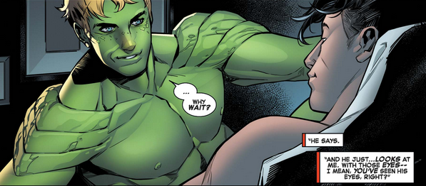 A panel from Empyre #5, showing a naked Hulkling in bed.