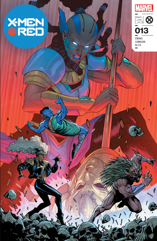 The cover for X-MEN RED #13, by Stefano Caselli, showing a giant Genesis striking the ground with her staff and sending regular cast members flying.