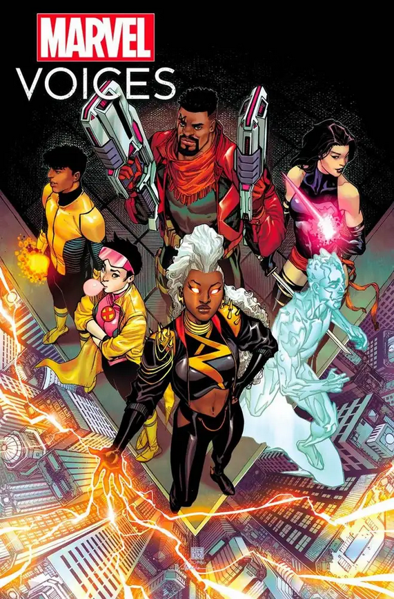 The cover for MARVEL'S VOICES: X-MEN, by Bernard Chang, showing Sunspot, Bishop, Kwannon, Jubilee, Storm and Iceman in a hero pose on top of a very tall building.