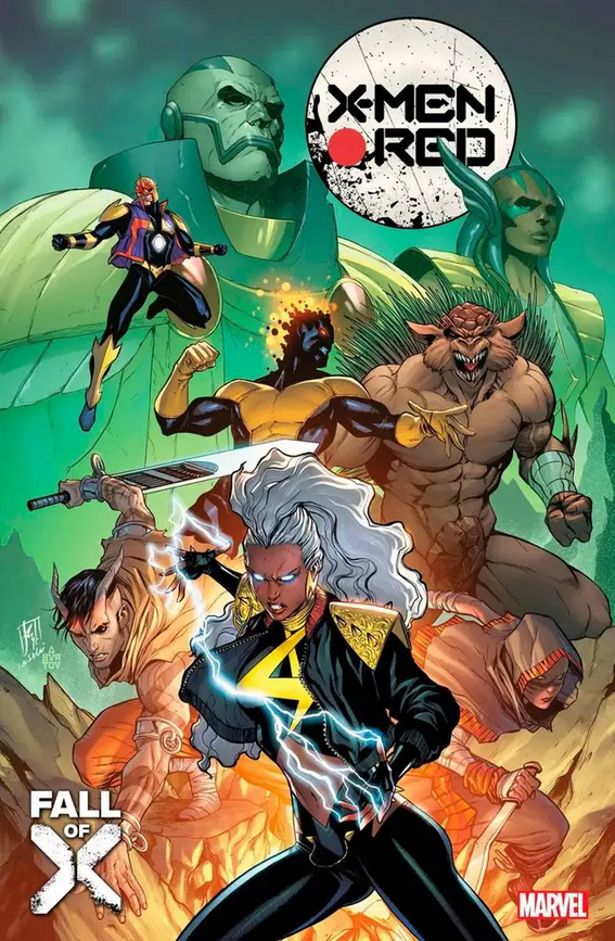 The cover for X-MEN RED #14, by Stefano Caselli, showing the Brotherhood of Arakko readying for war against a backdroop of Apocalypse and Genesis statues.