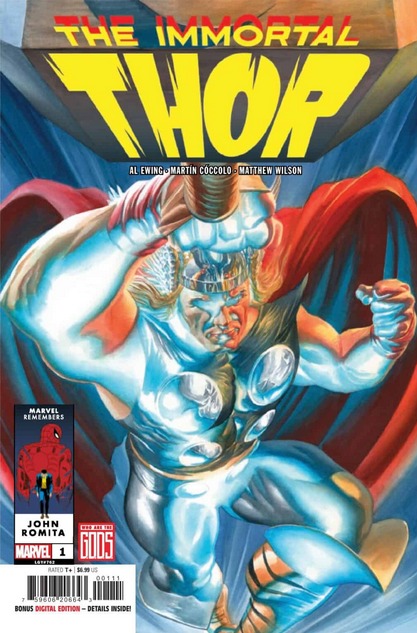 The cover for IMMORTAL THOR #1, by Alex Ross, showing Thor lit from within by a godly glow.
