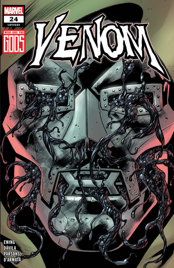 The cover to VENOM #24, by Bryan Hitch, showing Dr Doom inundated by symbiote goo.