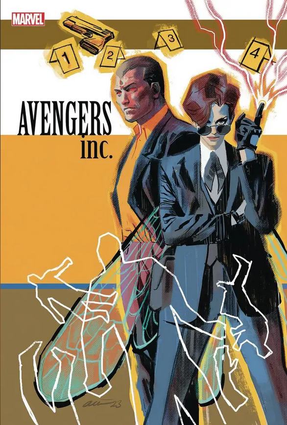 The cover to AVENGERS INC. #1, by Danuel Acuna, showing Wasp and Vic Shade in suits against a backdrop of chalk outlines and evidence tags.