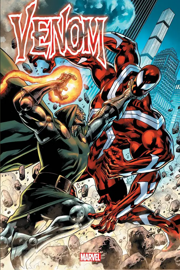 The cover of VENOM #25, by Bryan Hitch, showing Dr Doom and Eddie Brock (who is now a red, four-armed version of Venom) having an earth-shaking fight.