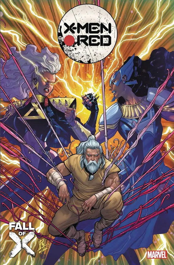 The cover for X-MEN RED #15, by Stefano Caselli, showing Storm and Genesis in combat while between them, the Fisher King hangs in a cradle of worms.