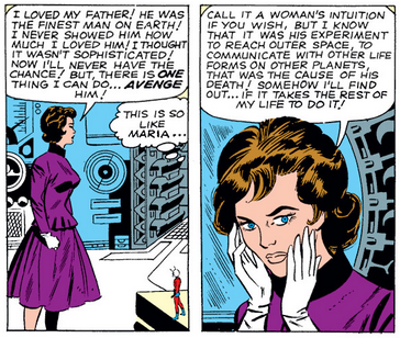 Two panels from the Ant-Man story in TALES TO ASTONISH #44, showing Janet Van Dyne swearing to avenge her father and dedicate the rest of her life to doing so.