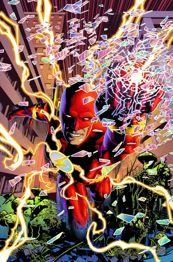 The cover of FLASH #1, by Mike Deodato and Trish Mulvihill, showing Wally West as the flash punching a barrier of some kind between him and the reader.