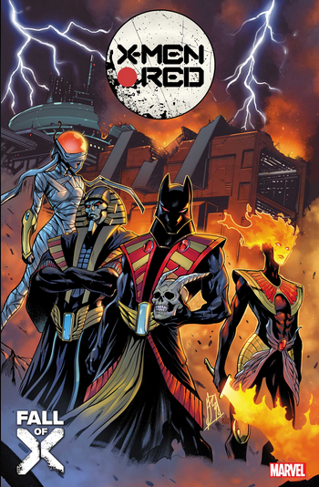 The cover of X-Men Rec #16 by Stefano Caselli, showing the Four Horseman in the burning ruins of Port Prometheus, holding Ironfire's skull.