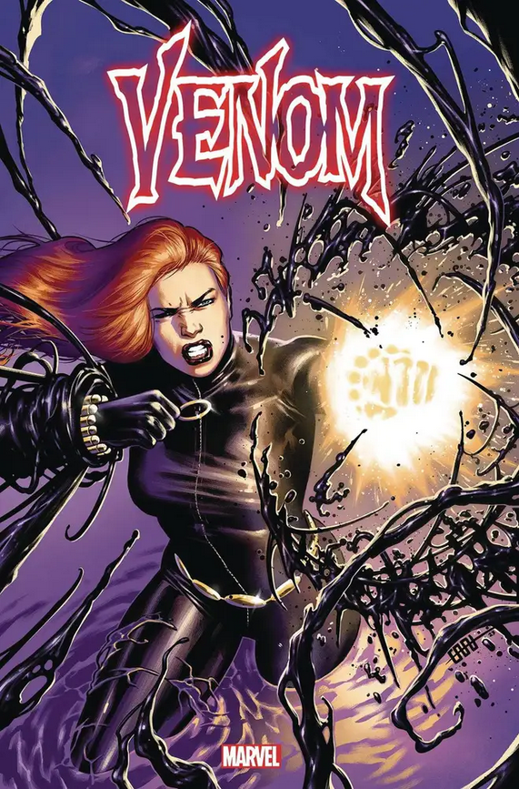Cover for VENOME 26, art by CAFU, showing Black Widow battling a nasty symbiote.