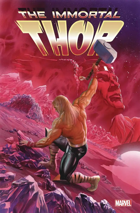 The cover to IMMORTAL THOR #3, by Alex Ross, showing Thor on an alien landscape doing some kind of hammering against a crystal anvil.
