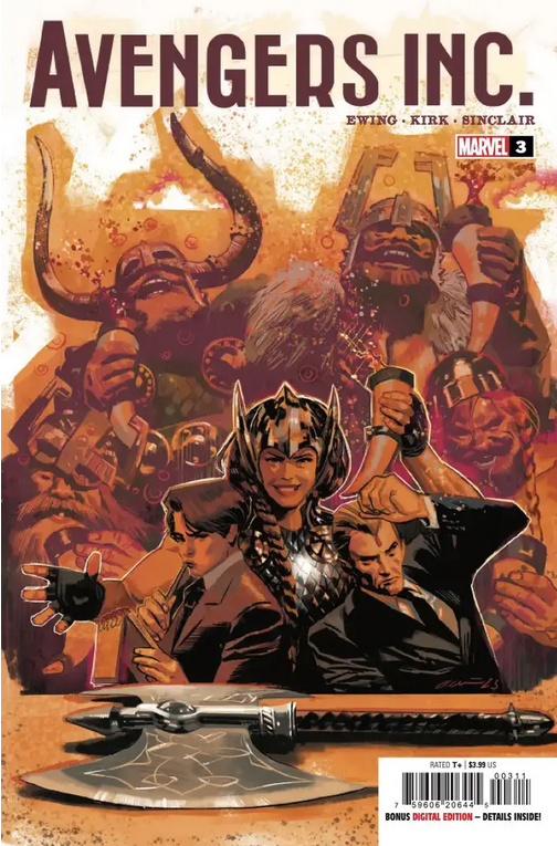 The cover for AVENGERS INC #3 by Daniel Acuna, showing Jan and Vic looking moody at a Viking feast.
