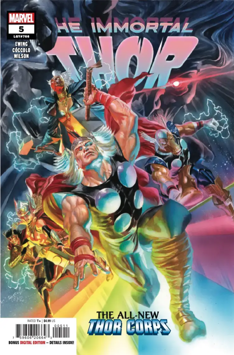 The cover for IMMORTAL THOR #5, by Alex Ross, showing the new Thor Corps rushing across the Rainbow Bridge.