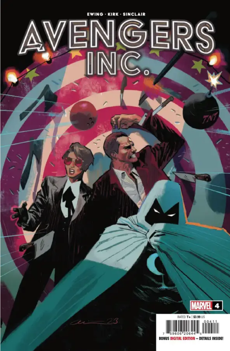 The cover for Avengers Inc. #4 by Daniel Acuna, showing Jan, Vic and Moon Knight in front of a target as various thrown objects are hurled at them.