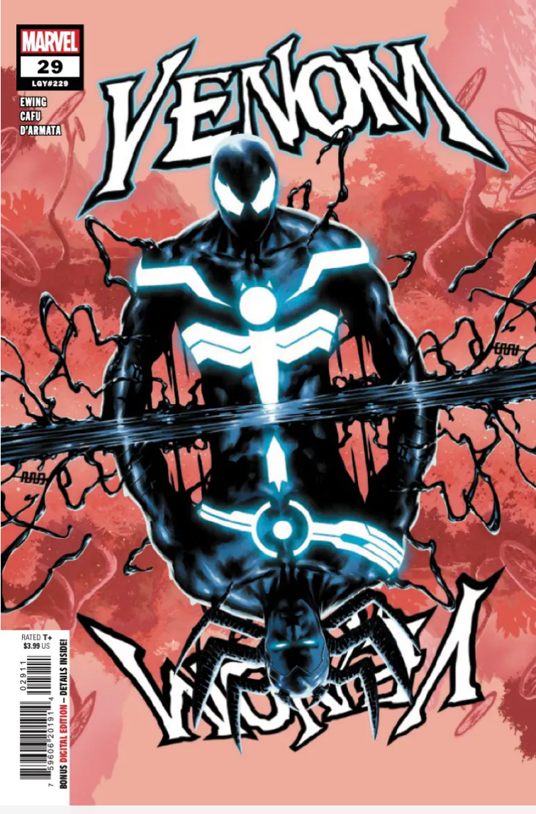 The cover for VENOM #29, by CAFU, showing Venom and Meridius reflected in each other.