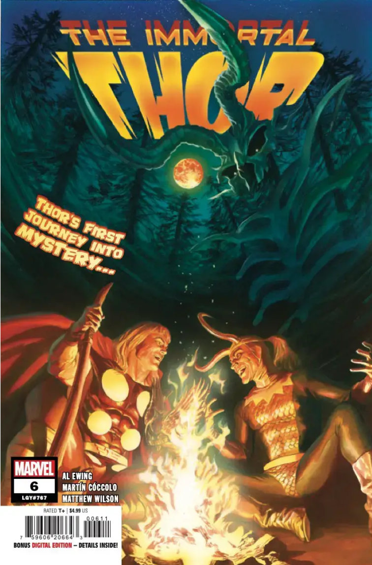 The cover to IMMORTAL THOR #6 by Alex Ross, showing Young Thor and Loki bantering by the fire while Utgard-Loki looms over them.