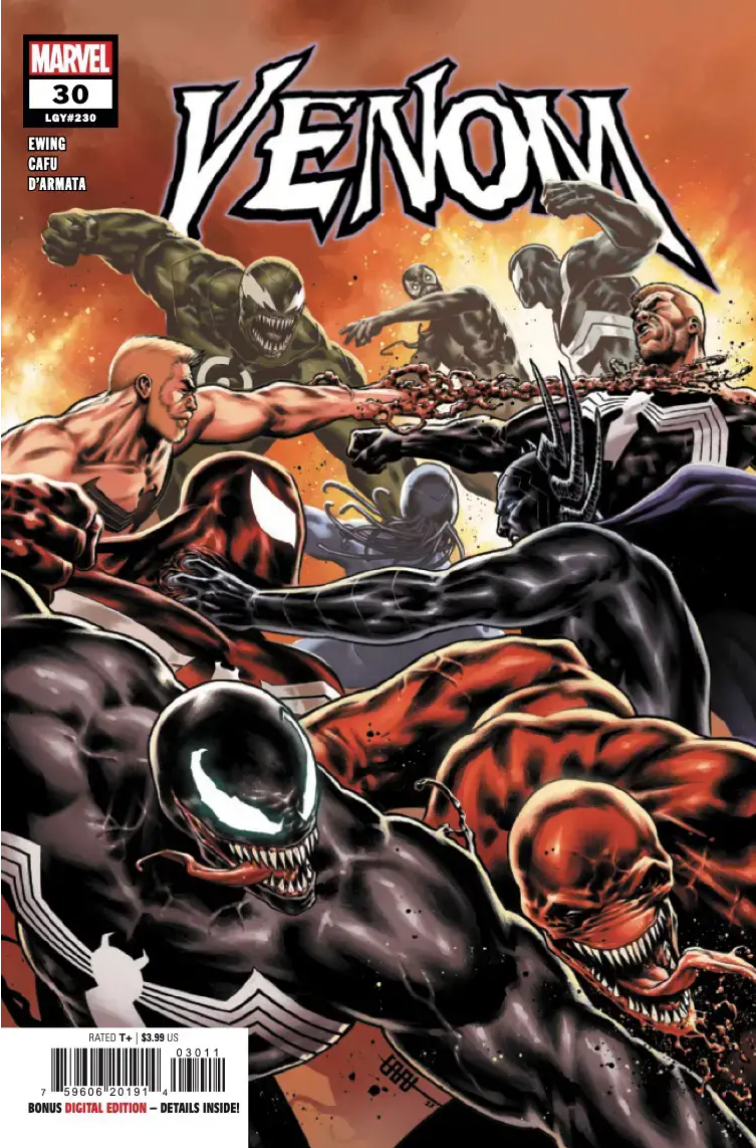 The cover for VENOM #30, by CAFU, showing every iteration of Eddie Brock having a big fight.