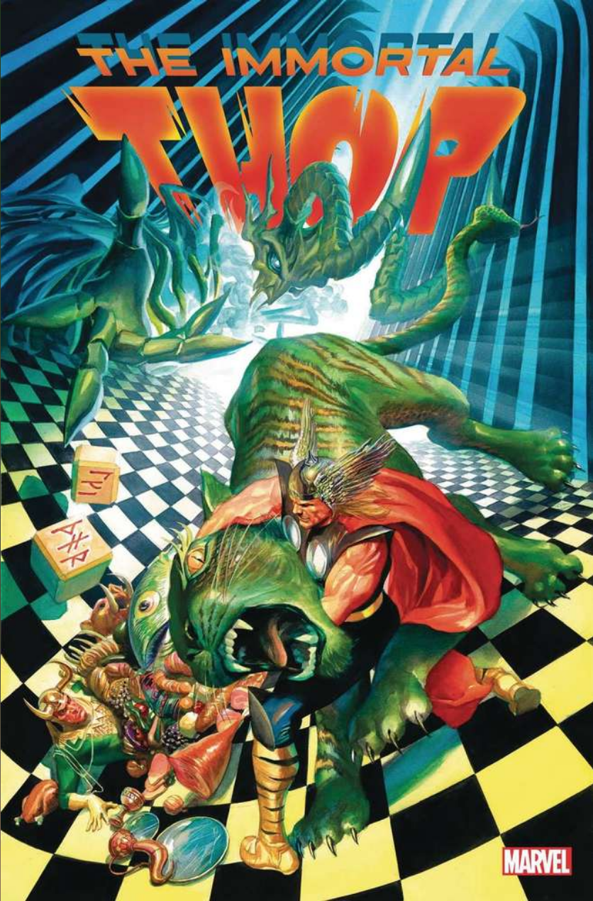 The cover for IMMORTAL THOR #7 by Alex Ross, showing Thor and Loki in Utgardhall, wrestling with the trials of Utgard as Utgard-Loki looms over them.