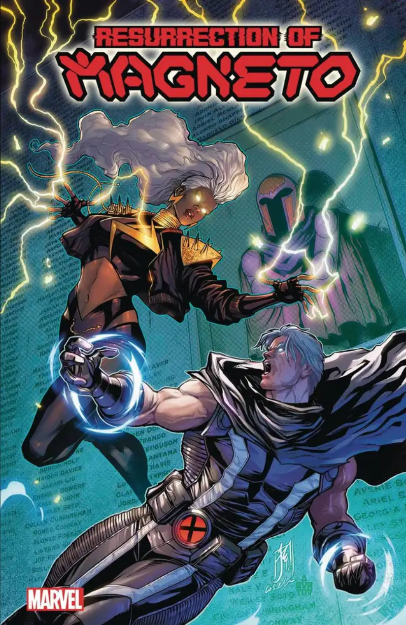 The cover for RESURRECTION OF MAGNETO #2 by Stefano Caselli, showing Magneto and Storm doing battle in Magneto's personal City Of Judgment.