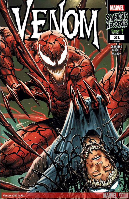 The cover to VENOM #31 by CAFU, showing Dylan at Carnage's mercy.